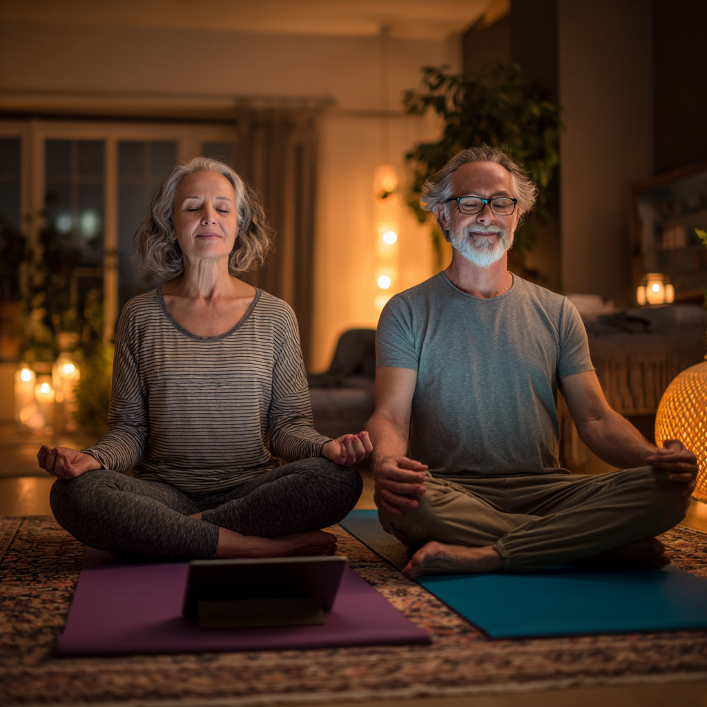 Двойка на 50+ години практикува йога заедно в дневната си стая, следвайки онлайн урок на таблет, с постелки и удобно осветление