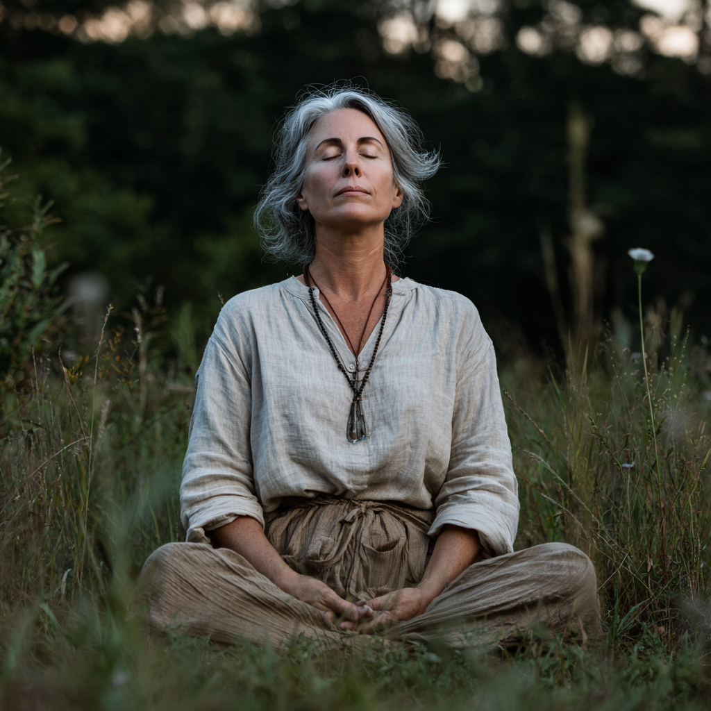 Жена на 52 години практикува дихателни упражнения сред природа, седнала в удобна медитативна поза със затворени очи