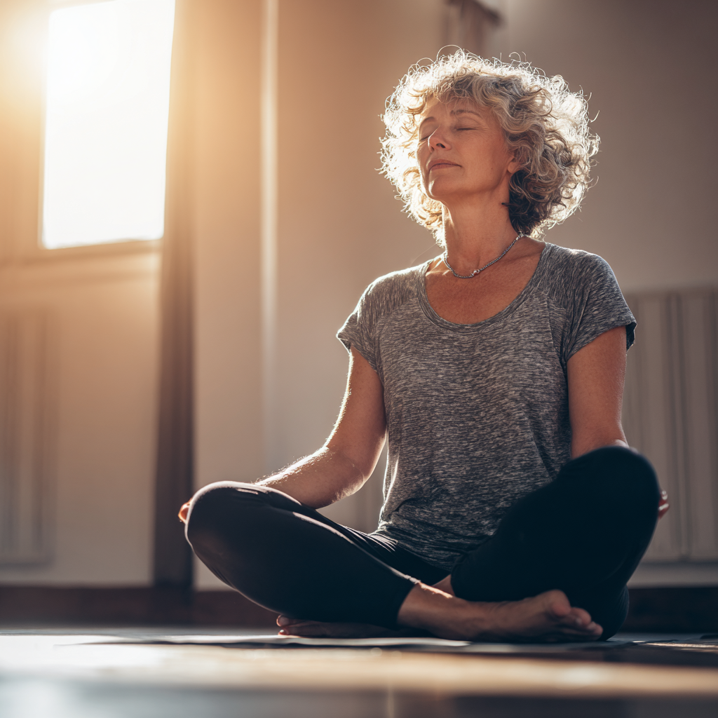 Жена на 55 години практикува хатха йога в спокойна поза на постелка в студио със светла атмосфера