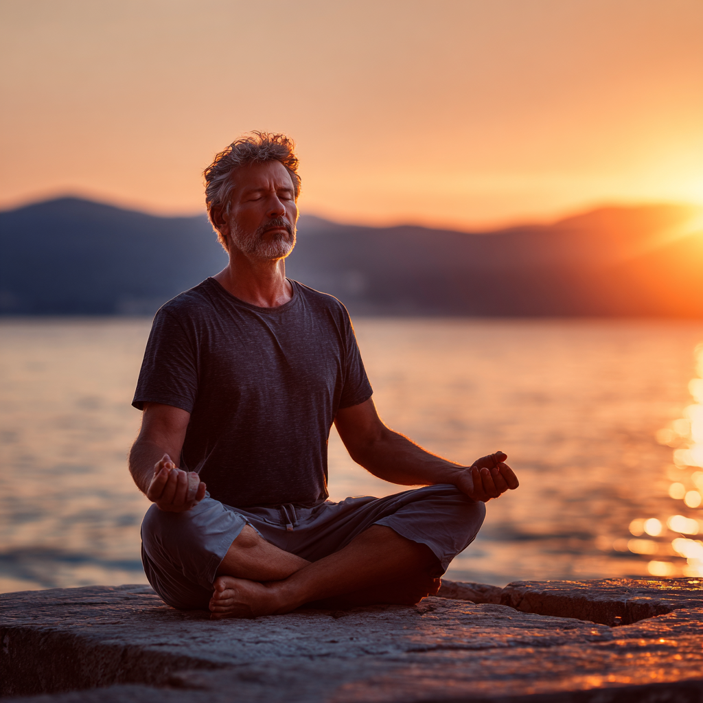 Мъж на 58 години медитира в лотосова поза на брега на езеро в залез слънце, облечен в удобни йога дрехи